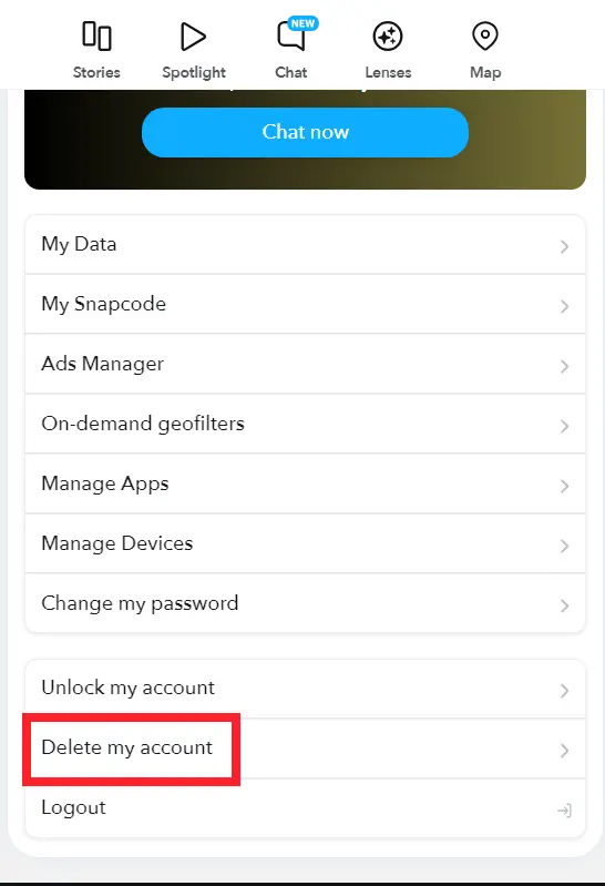 "Delete My Account" option on Snapchat Portal