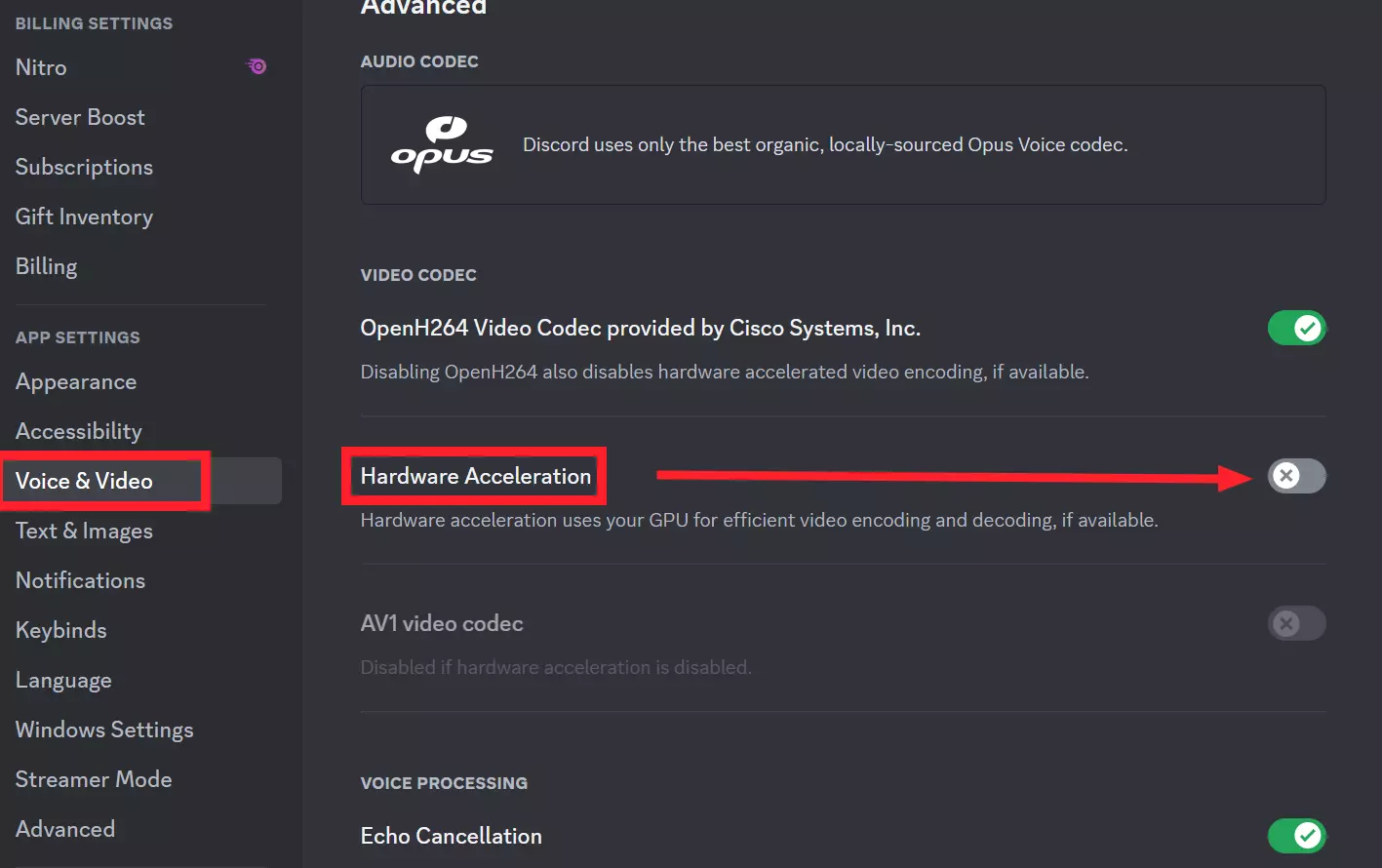 Disable "Hardware Acceleration" feature in Discord app