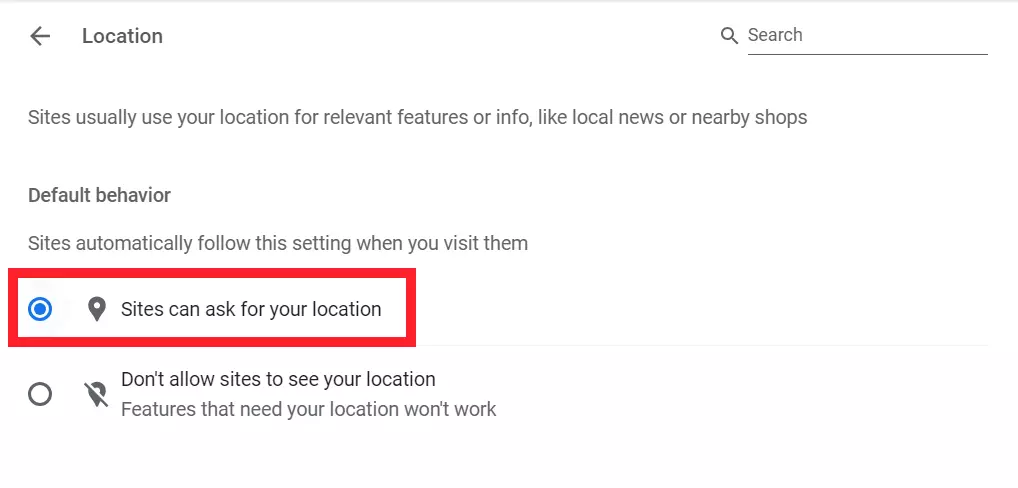 Enable the "Site can ask for your location" option in Chrome