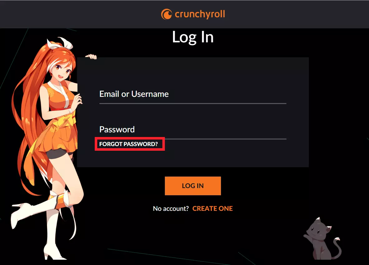 "Forgot Password" option on Crunchyroll Login Page