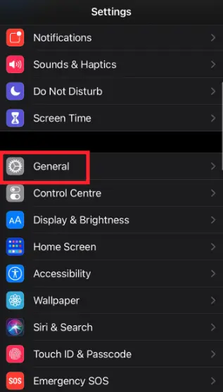 "General" settings in iPhone