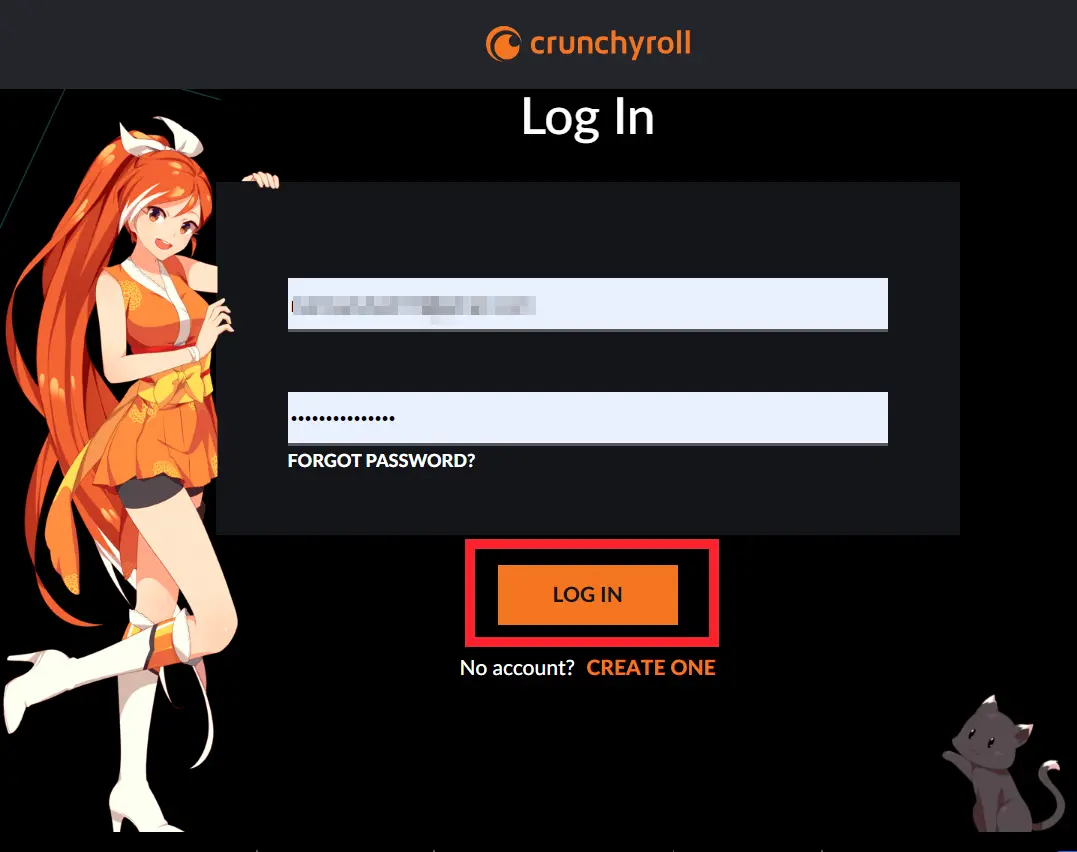 "Log In" page of Crunchyroll