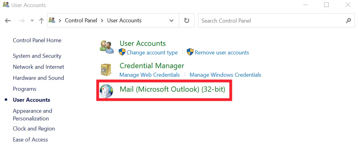 "Mail" under User Accounts