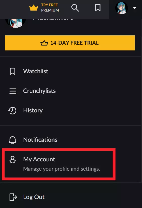 "My Account" option in Crunchyroll