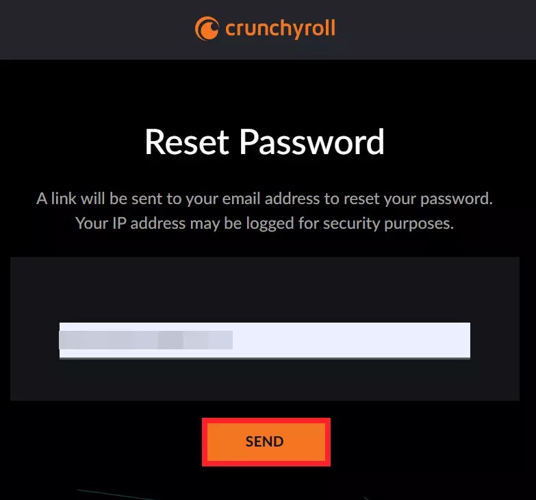 "Reset Password" page on Crunchyroll