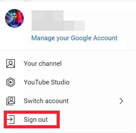 "Sign Out" button on YouTube