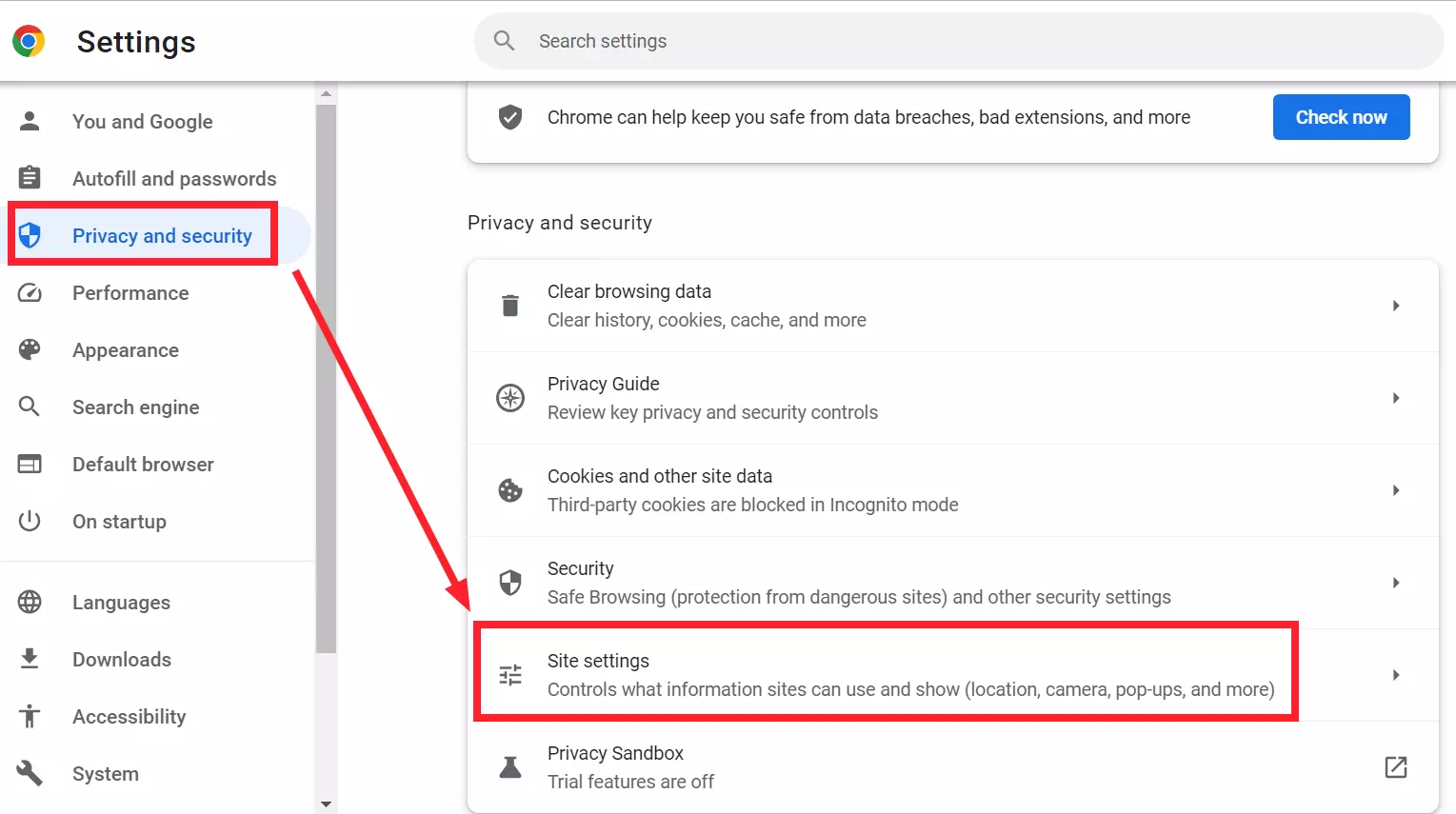 Site Settings in Chrome Browser
