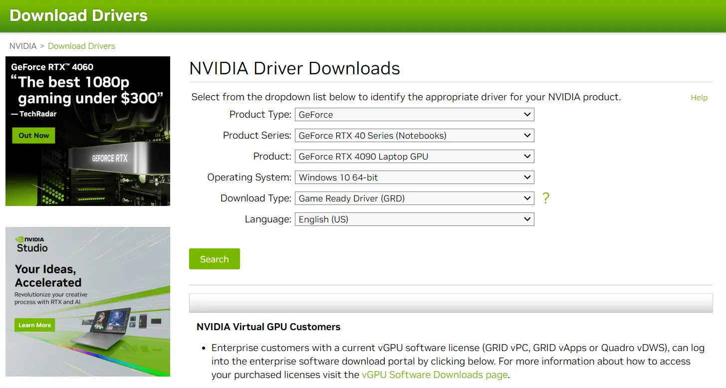 Official Website to update Nvidia Graphics Drivers