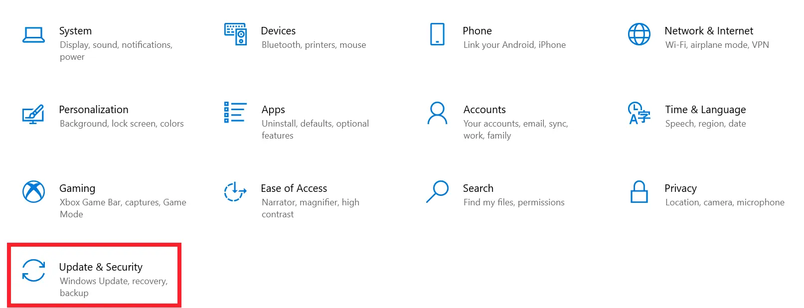 Update & Security" settings in Windows