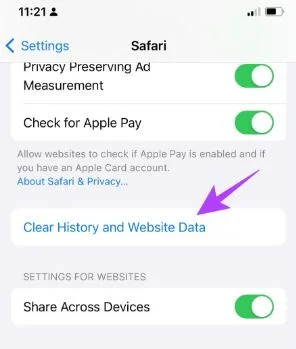 Clear history and data on Safari first option