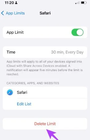 Delete limit option on Safari