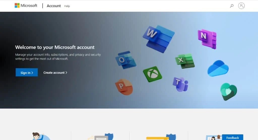 Microsoft account dashboard and Sign In