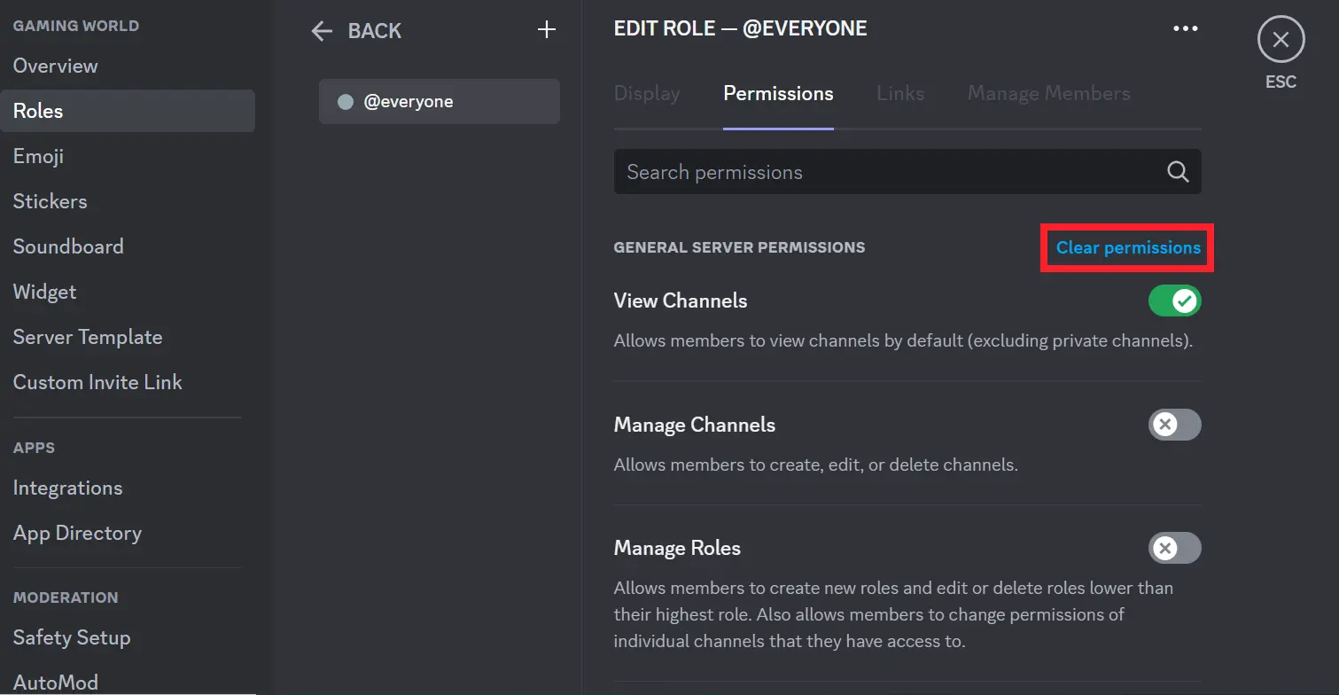 "Clear Permissions" button in Discord