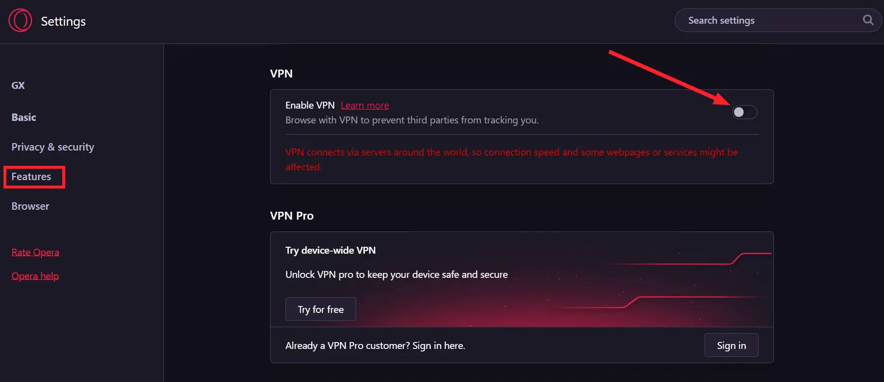 Disable VPN in Opera GX