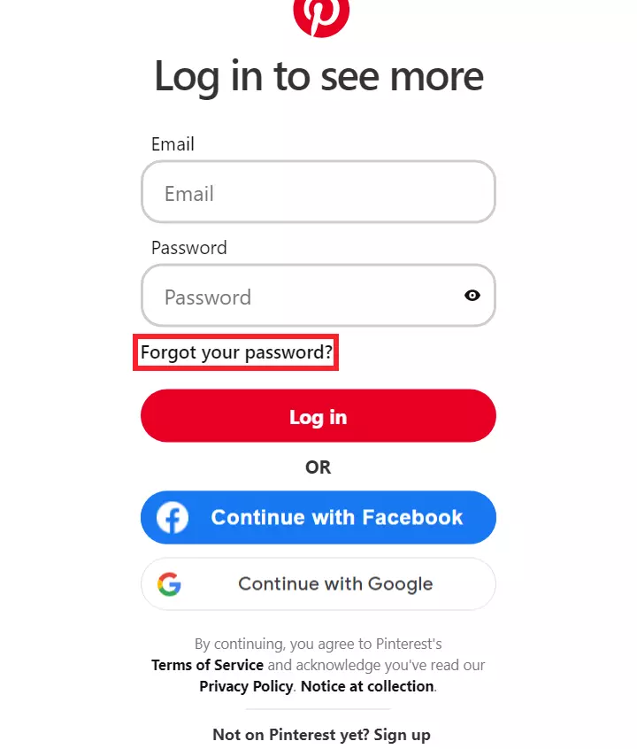 "Forgot Your Password" option by Pinterest