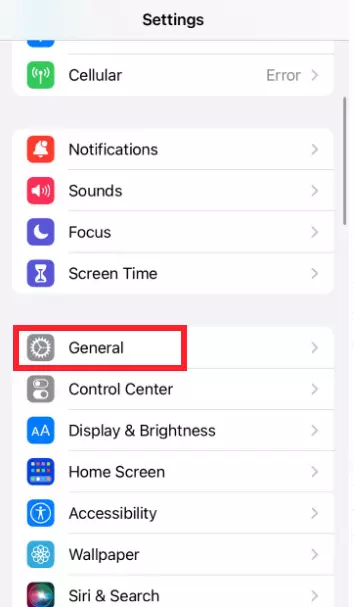 "General" settings in iPhone