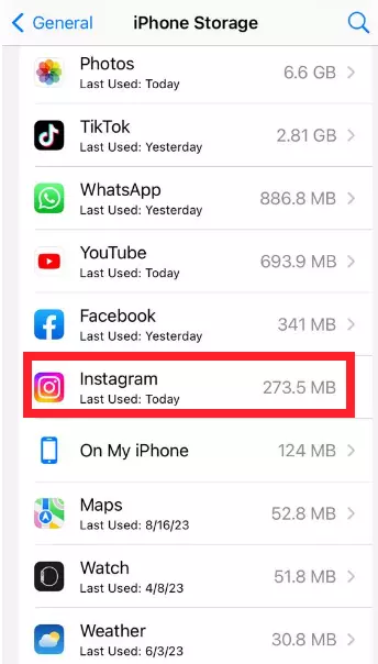 Instagram App in iPhone storage
