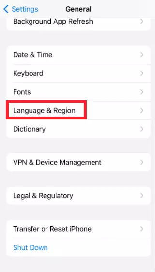 "Language & Region" settings in iPhone