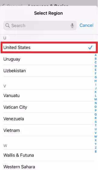 Select a different region in iPhone