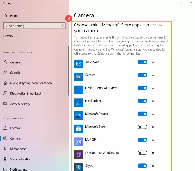 Choose which app can access your camera