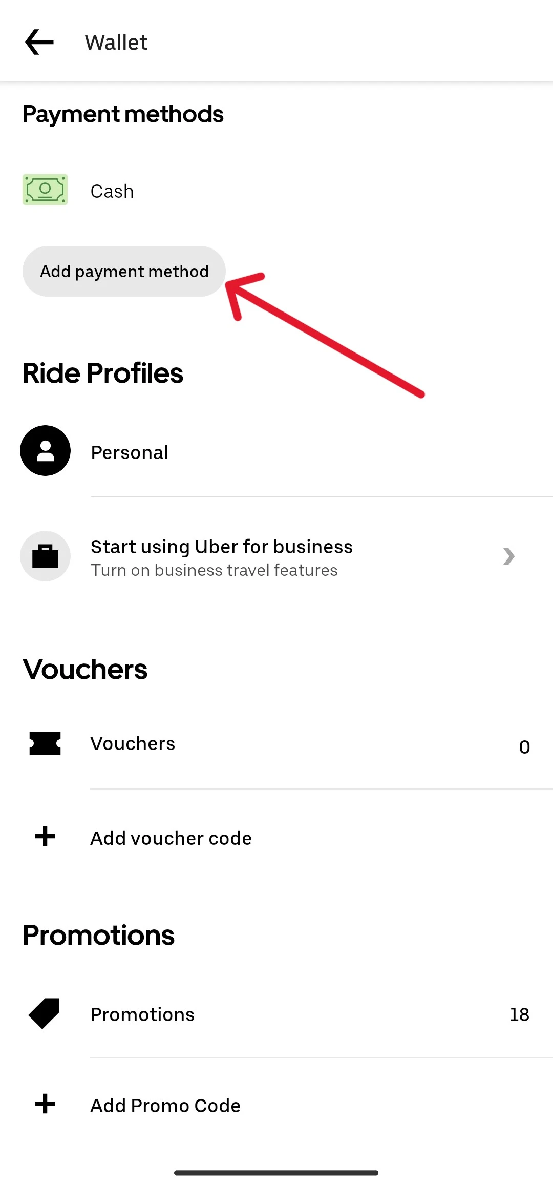 Adding primary payment method on Uber