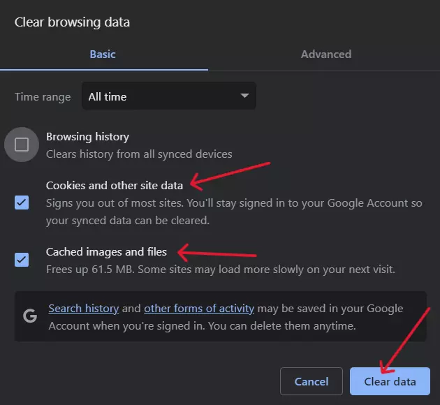 delete cache and cookies on chrome