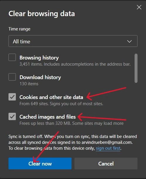 delete cache and cookies on edge