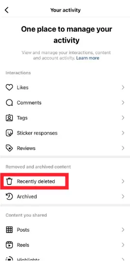 Recently Deleted Folder on Instagram