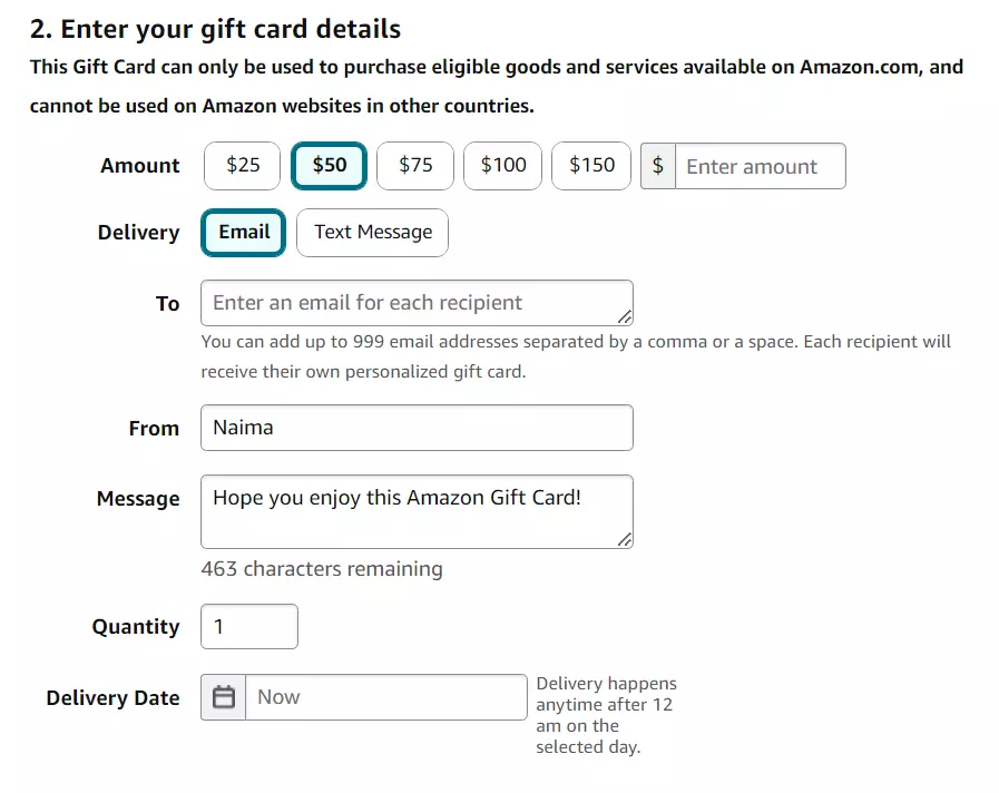 Recipient's Details for Amazon Gift Card