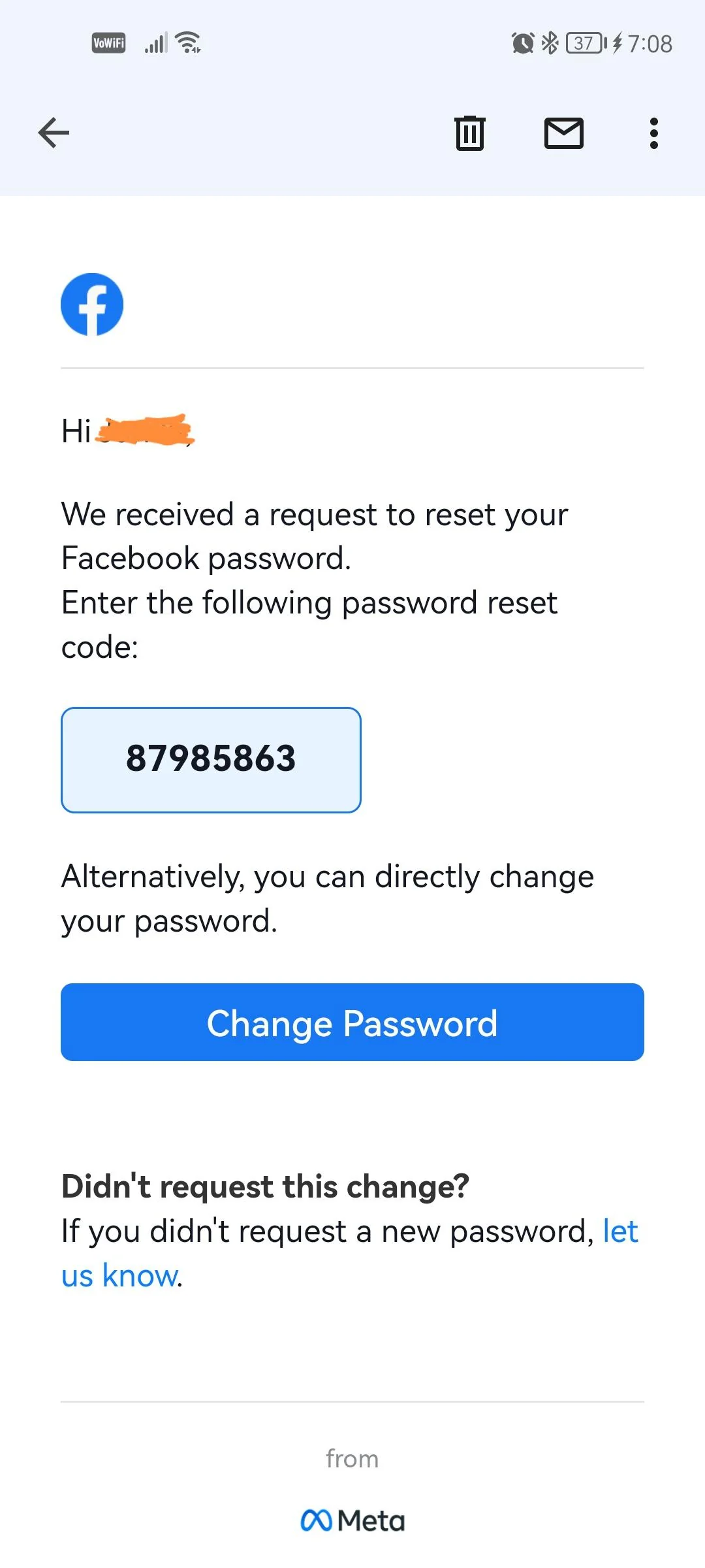 Facebook code scam message