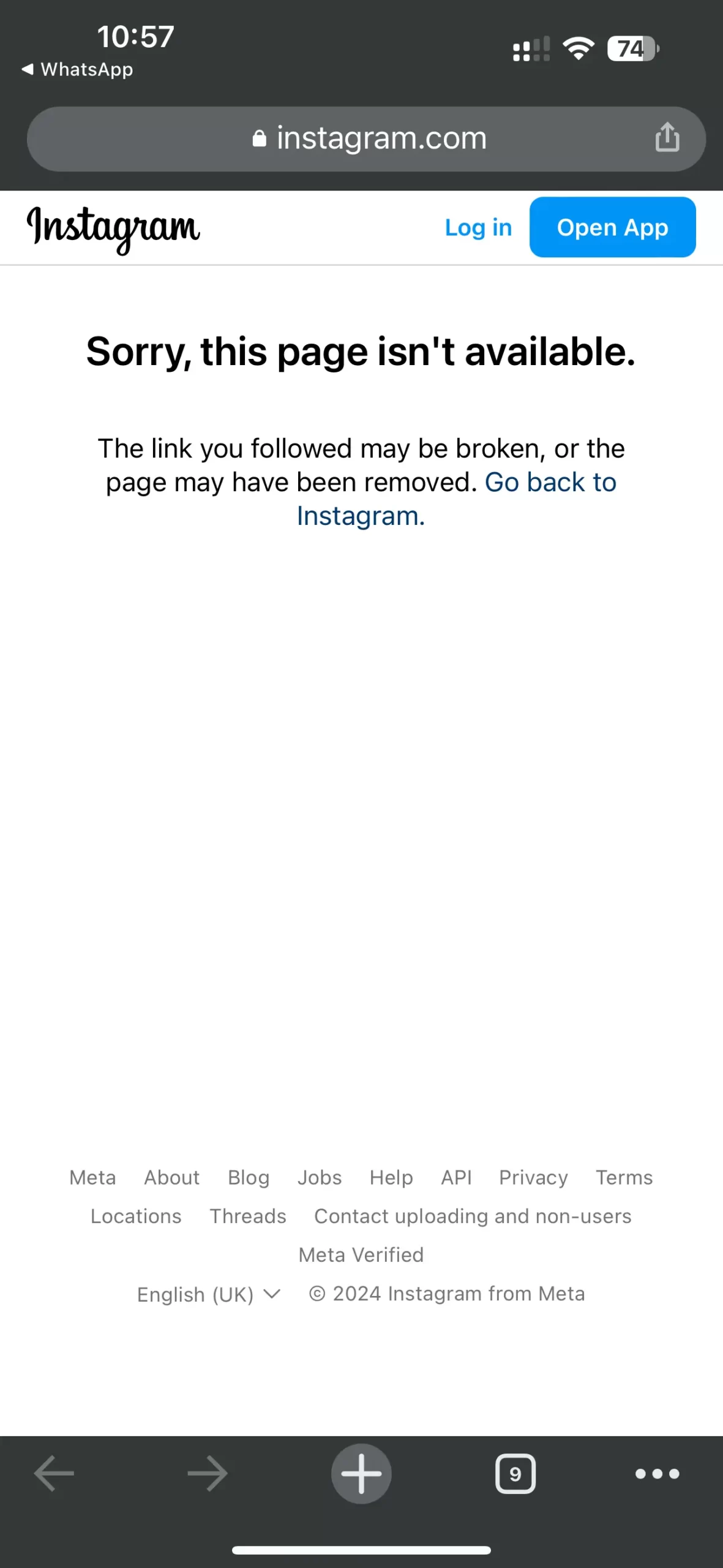 Instagram error saying, 'sorry this page isn't available'