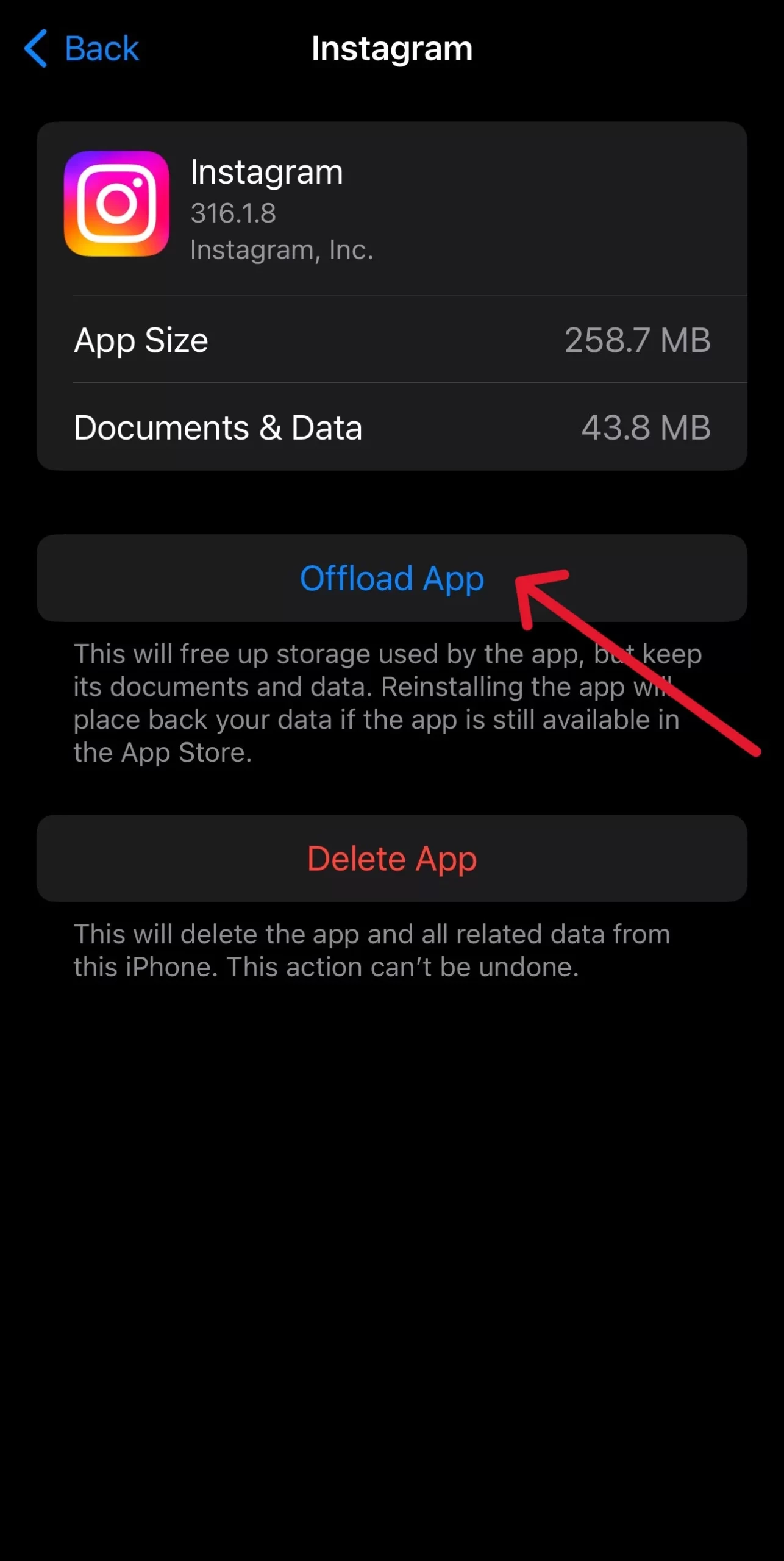 Offloading Instagram to clear cache