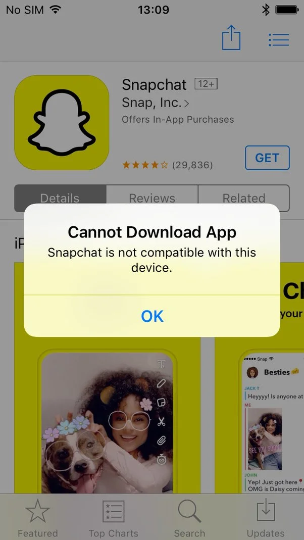 Pop-up showing Snapchat error