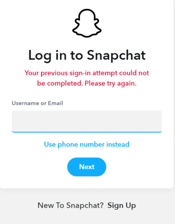 Screen showing Snapchat log in error