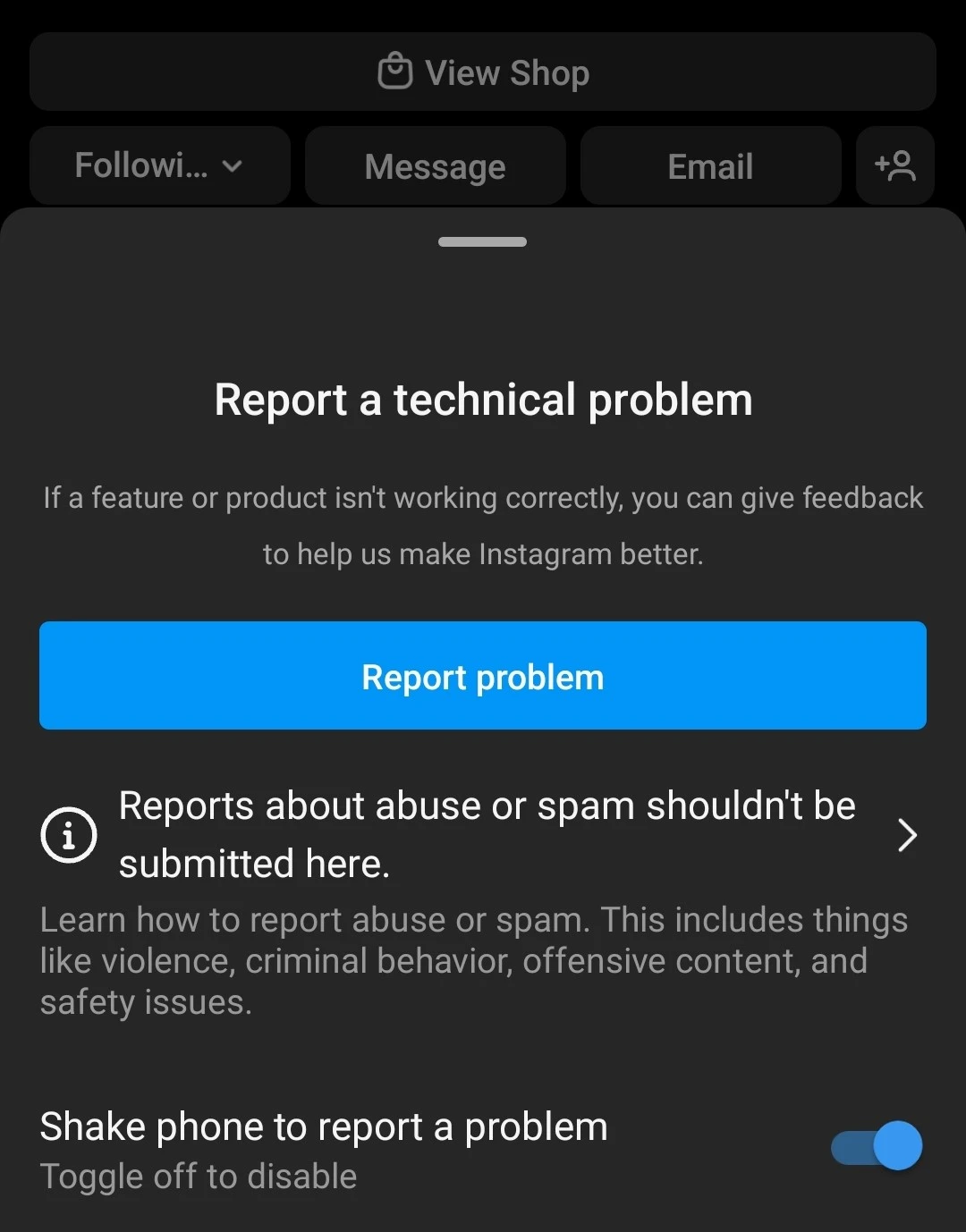 Shake to report a problem on Instagram