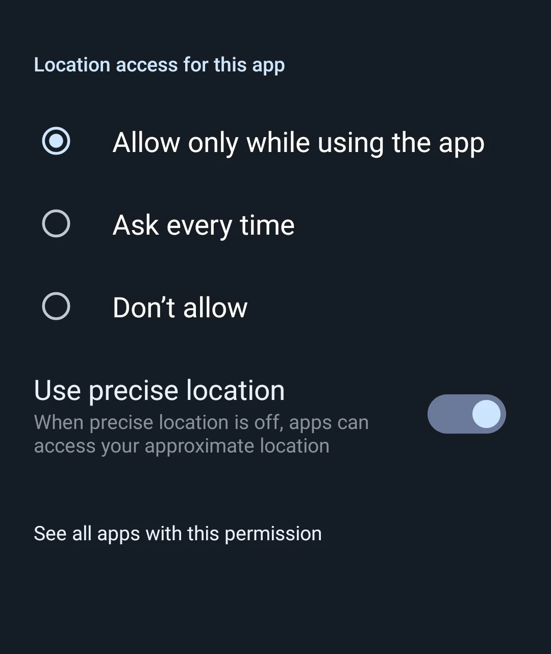 Location permission levels on Android