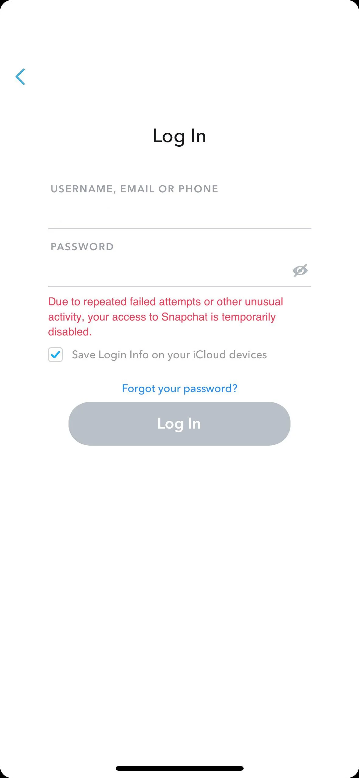 Snapchat log in error