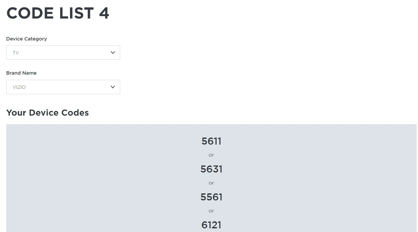 Codes for Vizio TV