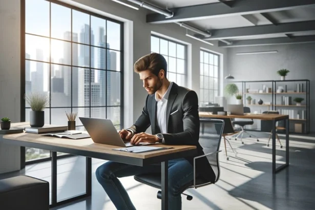 A man writing blog on his laptop in his office