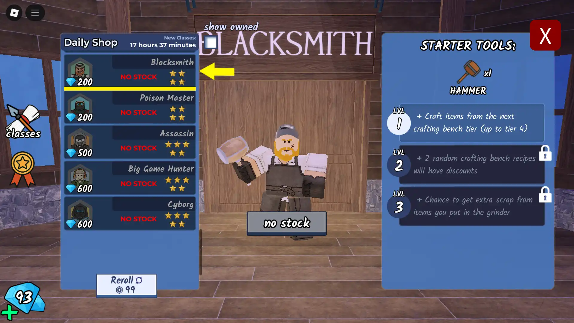 Blacksmith Class in 99 Nights in the Forest