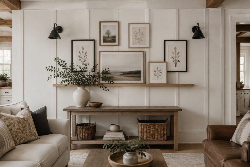 Farmhouse accent wall layout with board and batten, picture ledge, and gallery frames