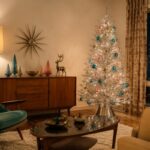 Mid-century modern Christmas living room with a silver tree and retro accents