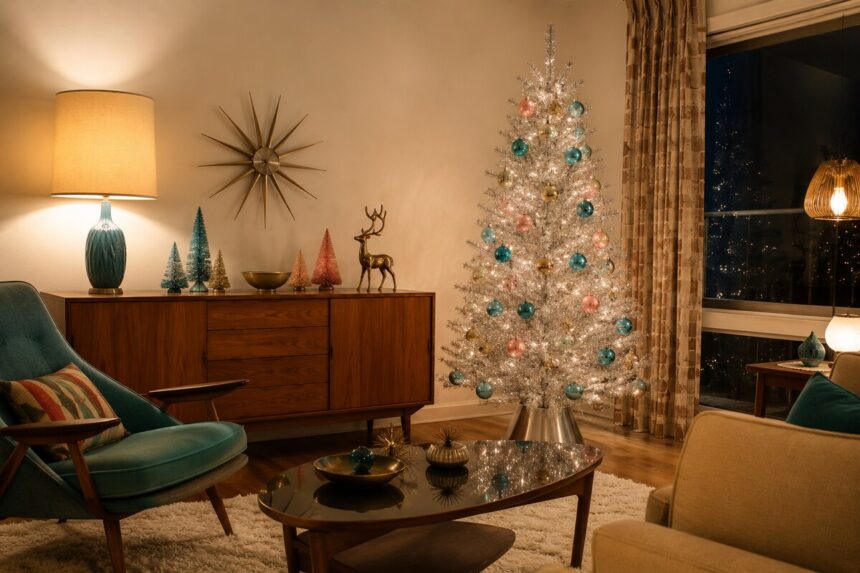 Mid-century modern Christmas living room with a silver tree and retro accents