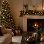 Modern chic Christmas living room with a decorated tree and fireplace garland