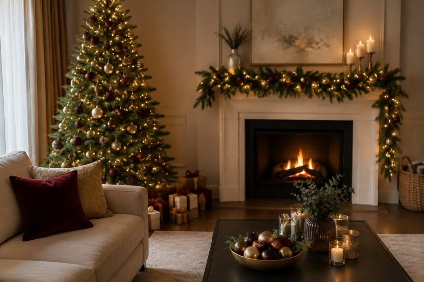 Modern chic Christmas living room with a decorated tree and fireplace garland