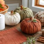 No-sew toilet paper roll pumpkins made with fall fabric and cinnamon-stick stems