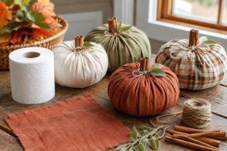 No-sew toilet paper roll pumpkins made with fall fabric and cinnamon-stick stems