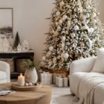 White modern Christmas living room with a flocked tree and warm neutral accents