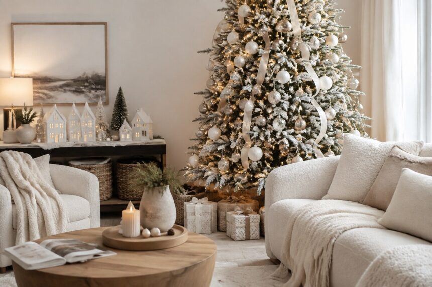 White modern Christmas living room with a flocked tree and warm neutral accents